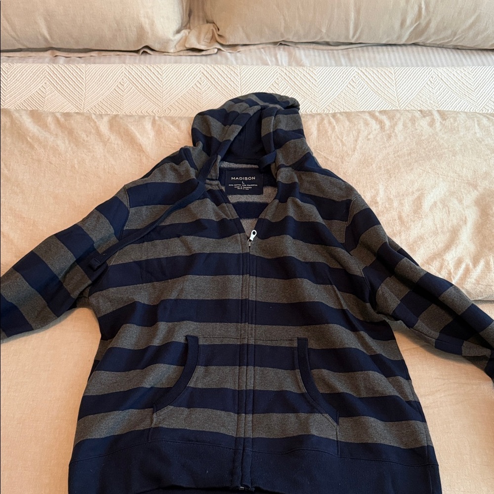 Madison Men's Blue and Gray Zip-Up Sweater